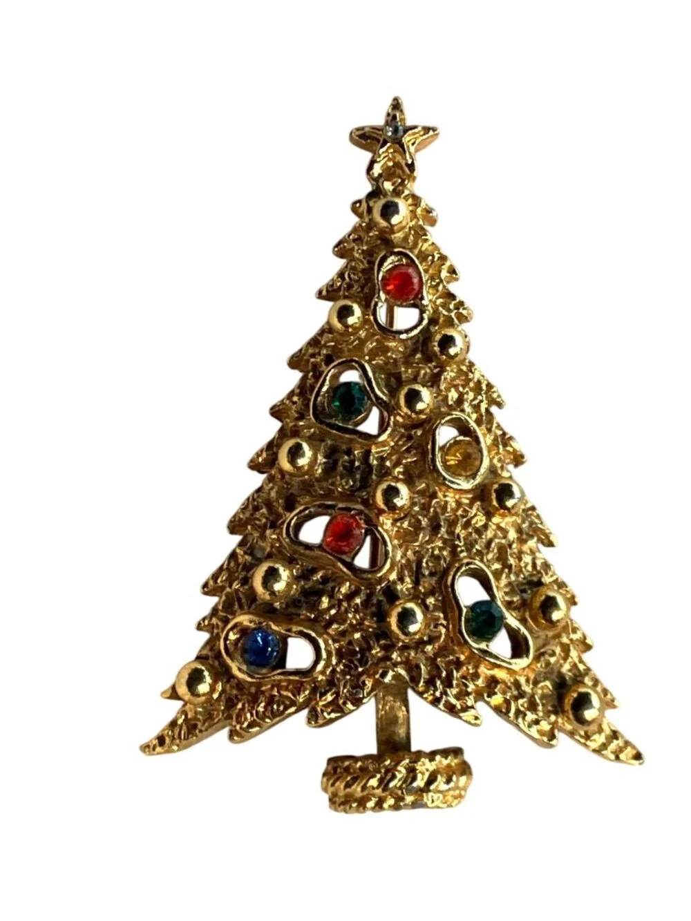 Gold Tone Christmas Tree Pin Brooch Multicolor Rhinestones Star Accent Signed